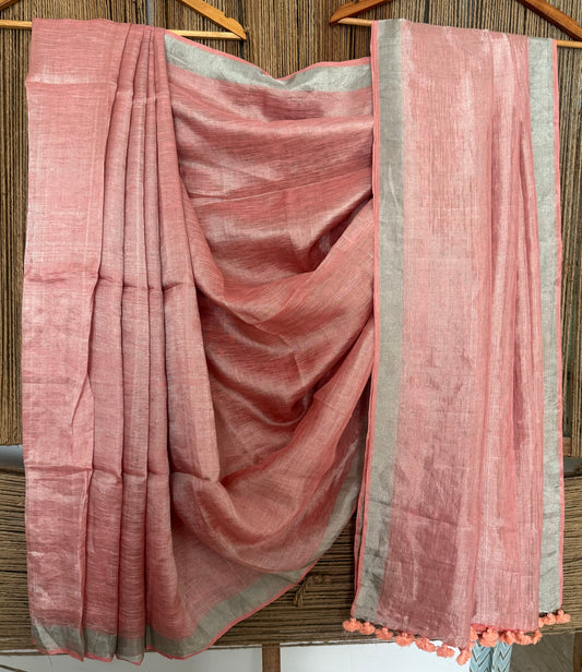 Dusty Rose Pink metallic linen sari with woven border and tassels