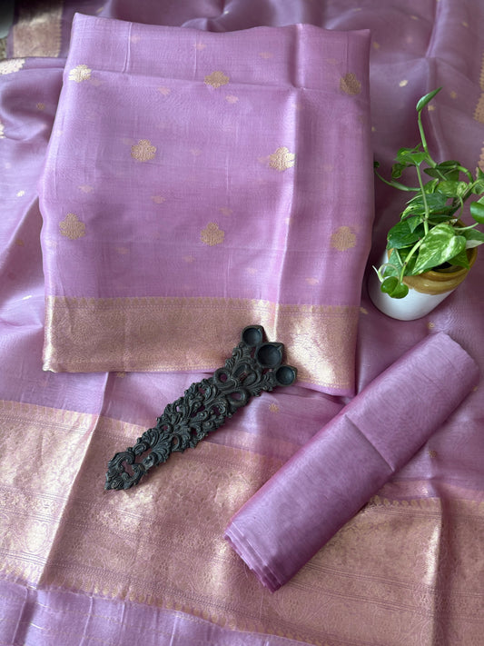 Soft Dusty Mauve Kora Silk Certified Handloom Banarsi Kadwa Booti Three Piece Suit