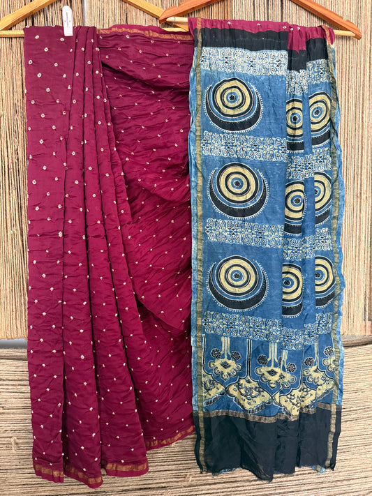 Maroon chanderi silk bandhani handcrafted ajrakh sari