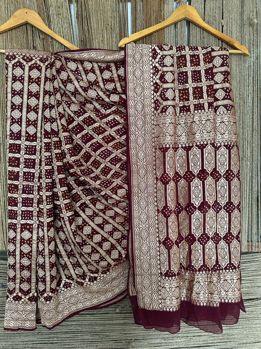 Burnt maroon handwoven neem zari bareek bandhani saree with khaddi georgette with meenakari work bs- 22