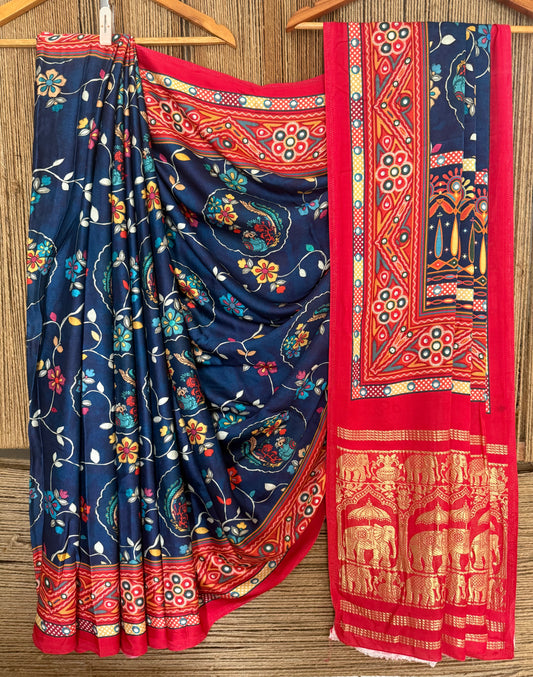 Navy blue patola modal silk kalamkari print sari with zari border pms-10151