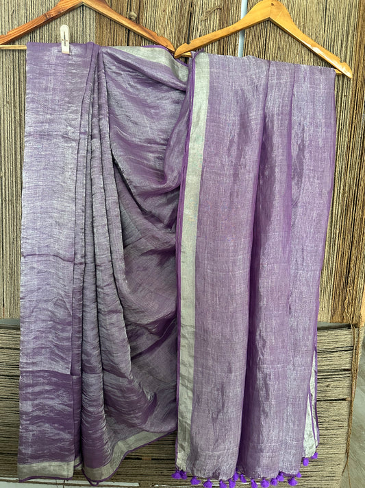 Sunset purple silver metallic linen sari with woven border