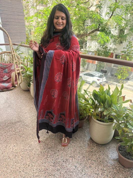Charcoal & maroon ajrakh contemporary cotton handblock kurta set