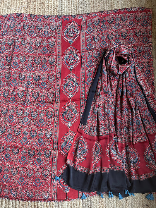 Maroon ajrakh modal contemporary silk handblock suit set