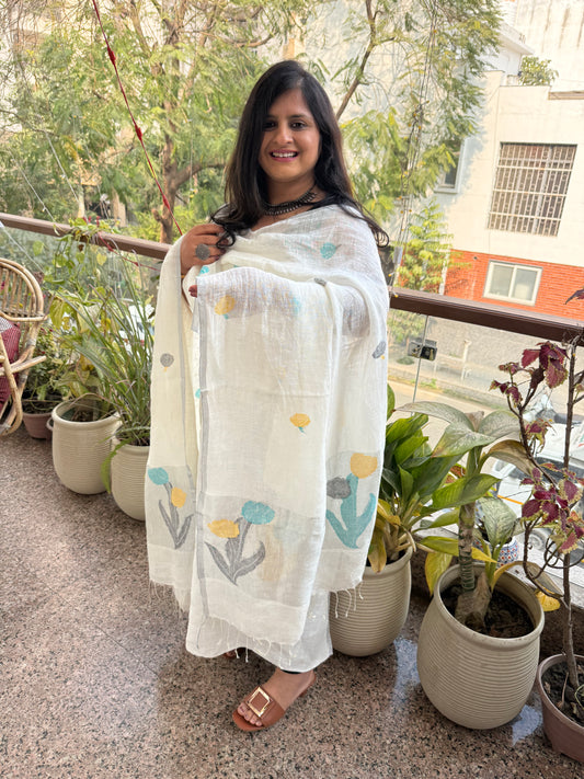 White jamdani linen kurta set ljs-302