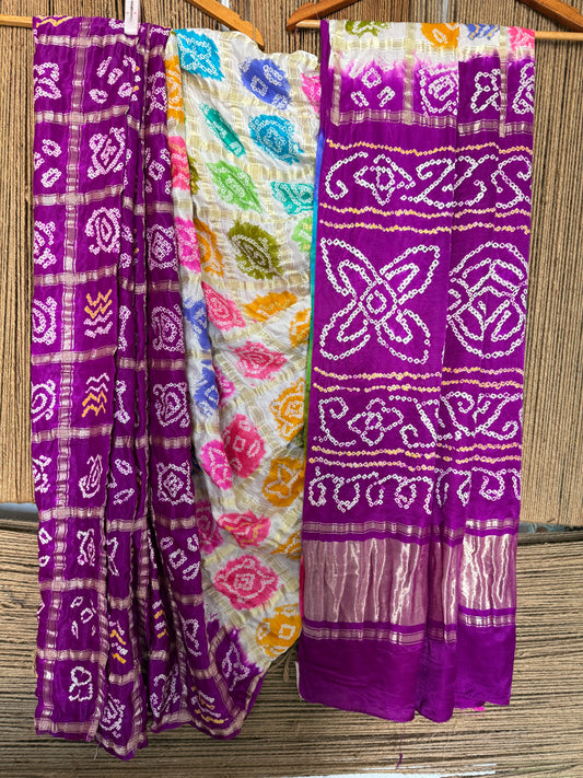 Purple & multi colour gajji silk gharchola rai bandhani gajji sari