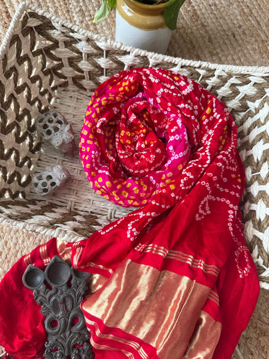 Red & pink handwoven handcrafted gajji silk chandmukhi dupatta