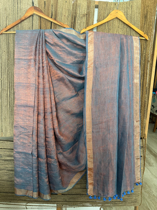 Sky blue copper metallic linen sari with woven border