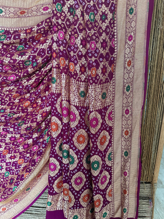 Purple handwoven neem zari bareek bandhani saree with khaddi georgette with meenakari work bs- 58