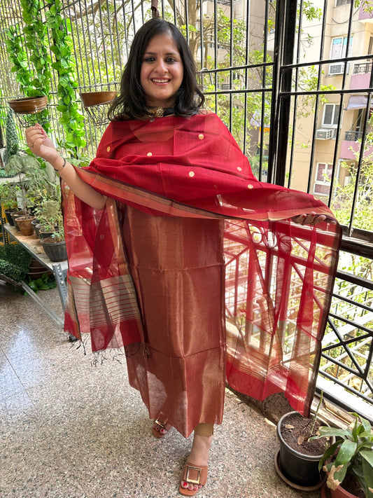 Golden red tissue maheshari silk handloom kurta set