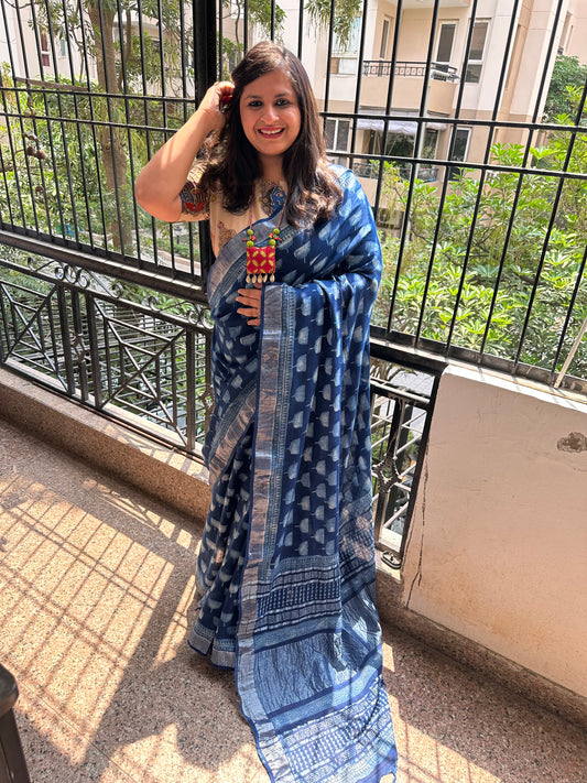 Indigo akola linen zari woven handblock sari