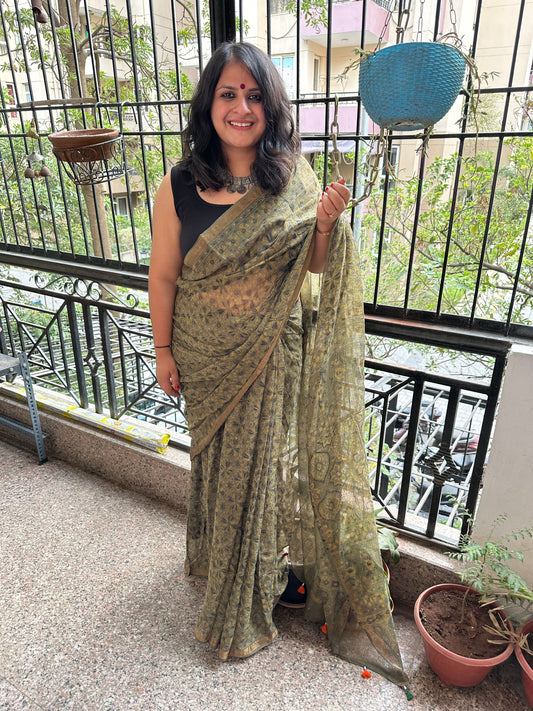 Olive green kota ajrak handblock sari