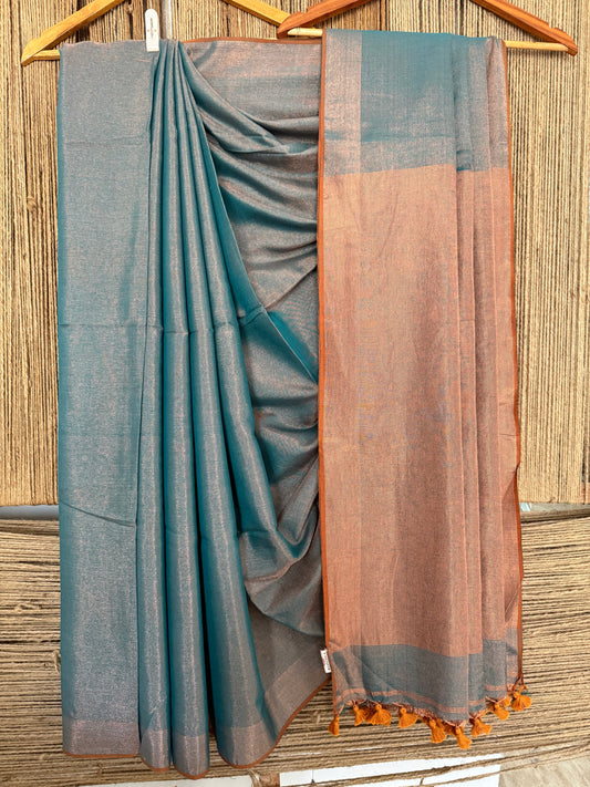 PINE GREEN COPPER TISSUE LINEN ZARI SARI WITH WOVEN ZARI PALLU TL-51