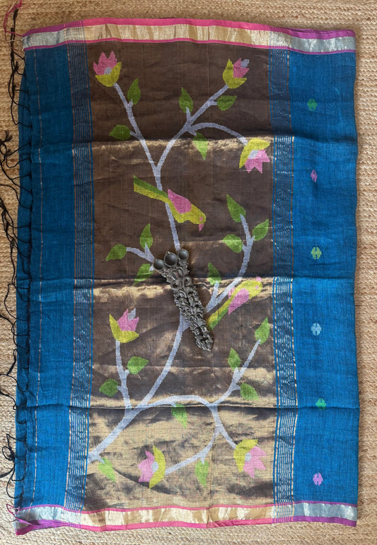 Denim blue handwoven pure linen silk jamdani sari with zari pallu