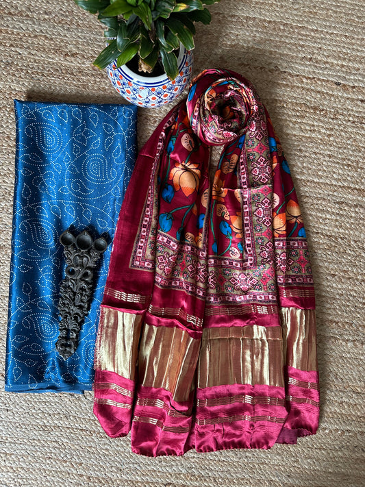 Navy blue mashru silk kurta with patola handcrafted modal silk dupatta