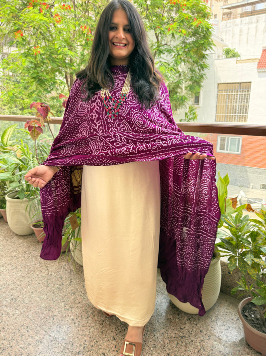 Ivory gajji and purple shade handwoven bareek bandhani dupatta in pure gajji kurta set