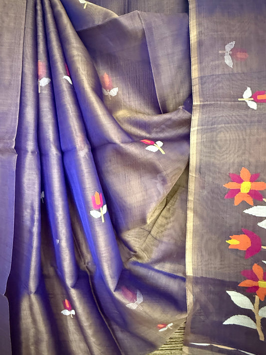 Gray blue dual shade jamdani handwoven pure muslin silk sari