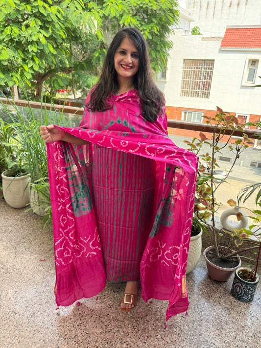 Pink & green modal silk shibori kurta with bandhani shibori handcrafted modal silk dupatta sbs-4