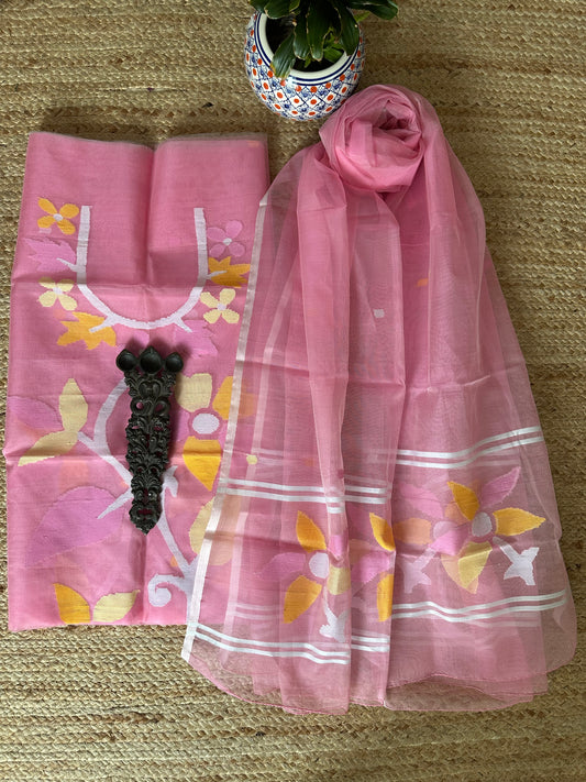 Light pink handwoven jamdani pure muslin silk kurta set mjk-54
