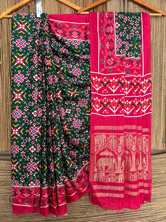 Bottle green modal silk patola print sari with zari border pms- 1016