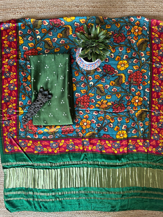 Green triangle bandhani patola pichwai mashru silk kurta with handcrafted modal silk dupatta ps- 1033