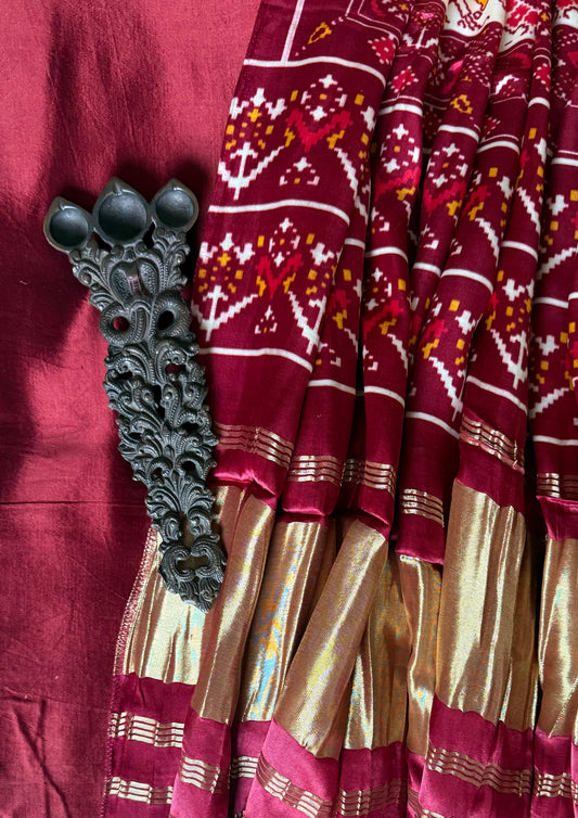 Maroon solid mashru silk kurta with patola handcrafted modal silk dupatta