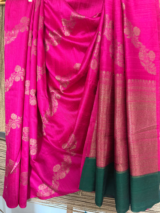 Shocking pink raw silk certified handloom banarsi sari with woven zari