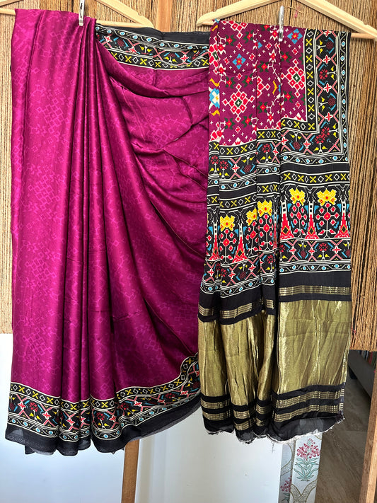 Magenta purple modal silk patola print sari with zari border pms- 1030