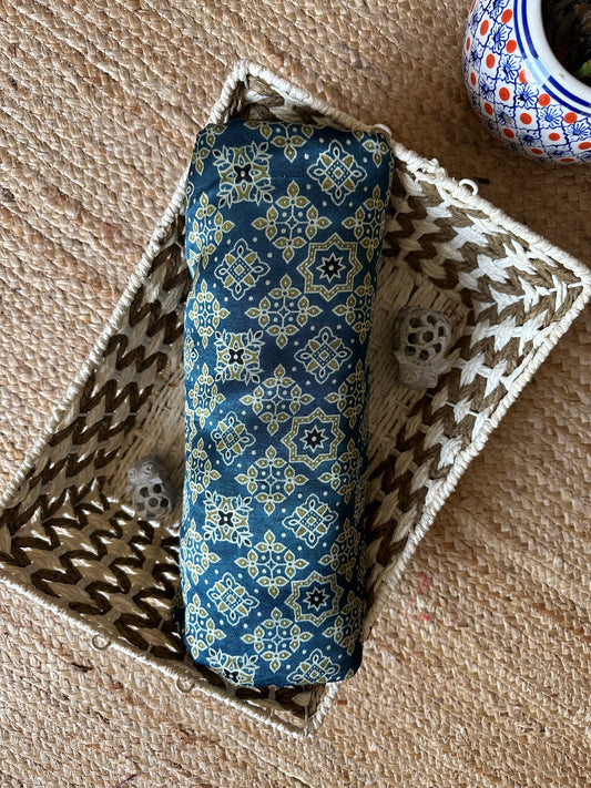 Indigo blue mashru ajrakh handcrafted silk fabric