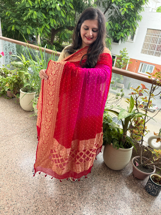 Deep pink & red ombie handwoven neemzari bareek bandhani in khaddi premium georgette dupatta bd-205