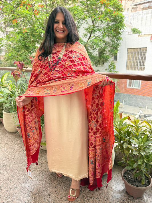 Ivory and red shade handwoven bareek bandhani meena kari jaal in premium georgette kurta set