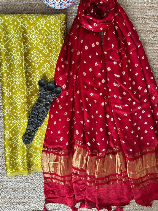 Mustard patola mashru silk kurta with bandhani handcrafted modal silk dupattas ps- 10182