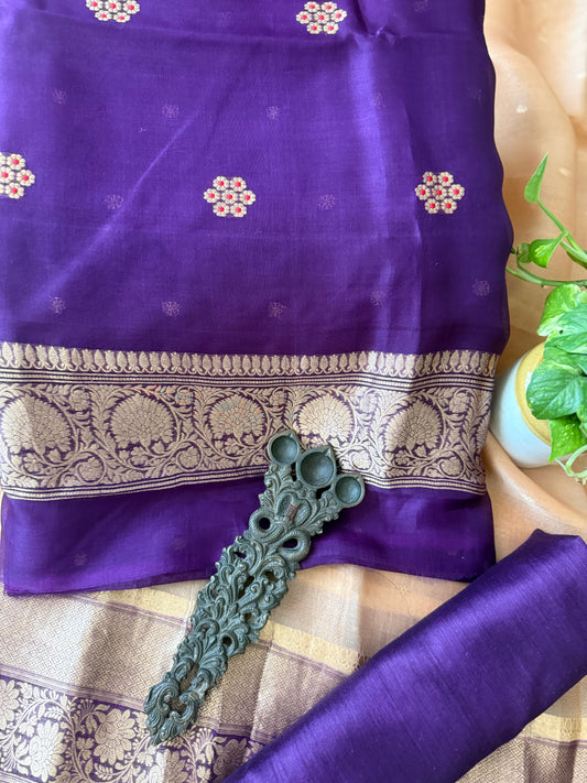 DEEP PURPLE KORA SILK CERTIFIED HANDLOOM BANARSI KADWA BUTTI WITH WOVEN ZARI THREE PIECE SUIT