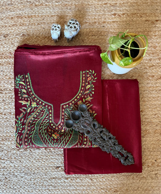 Maroon mashru silk hand embroidery kashmiri handembroidery sozni work cord set cs- 30