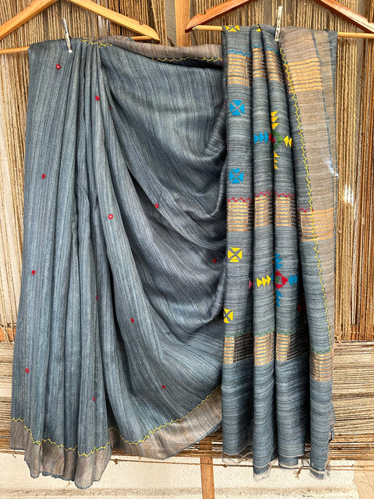 Grey tussar ghicha handloom silk sari with hand embroidery