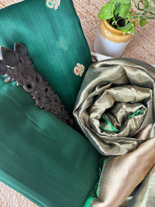 Green Kora Silk Certified Handloom Banarsi Kadwa Booti Three Piece Suit