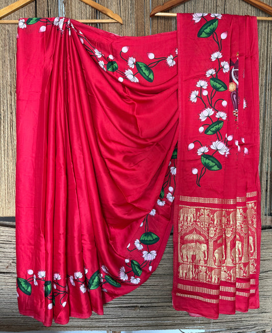 Red pichwai modal silk print sari with zari border pms- 107