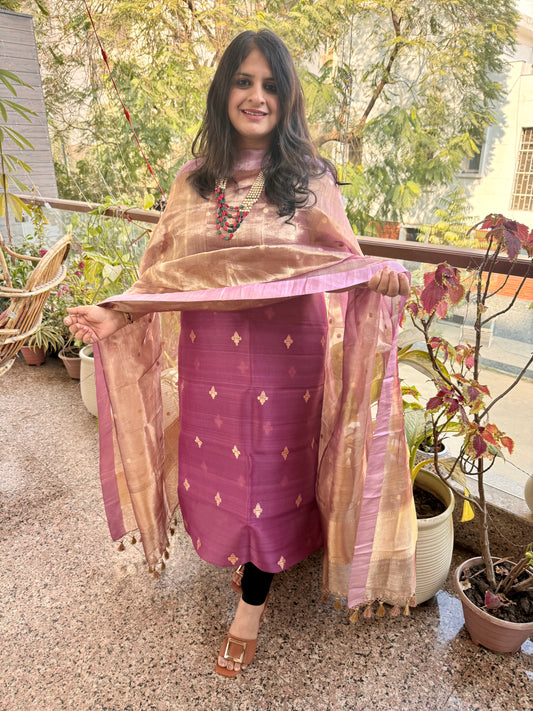 Wild berry purple kora silk certified handloom banarsi kadwa booti three piece suit it cbs-58