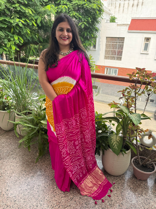 Pink & yellow gajji silk rai bandhani chakra theme gajji sari
