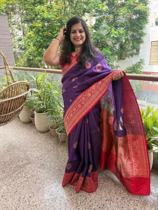 Indigo purple tussar silk certified handloom banarsi sari with woven zari