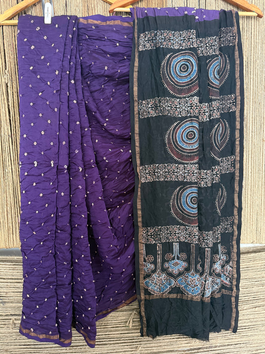 Purple chanderi silk bandhani handcrafted ajrakh sari