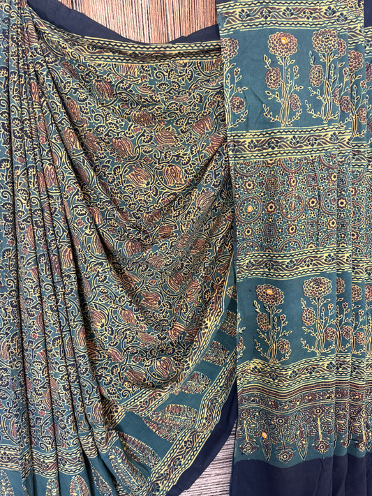 Green mull cotton ajrakh hand crafted sari