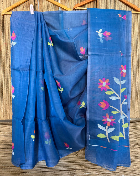 Denim blue jamdani handwoven pure muslin silk sari