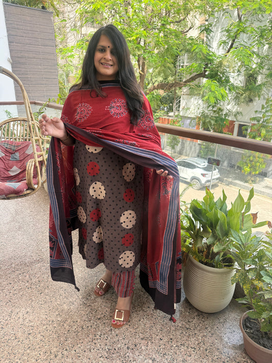 Charcoal & maroon ajrakh contemporary cotton handblock kurta set