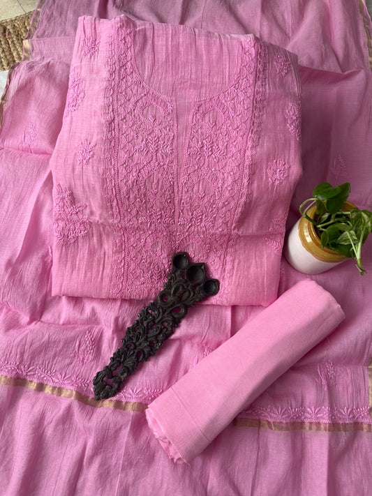 Rose pink premium chanderi cotton lucknowi chickenkari hand embroidery three piece suit