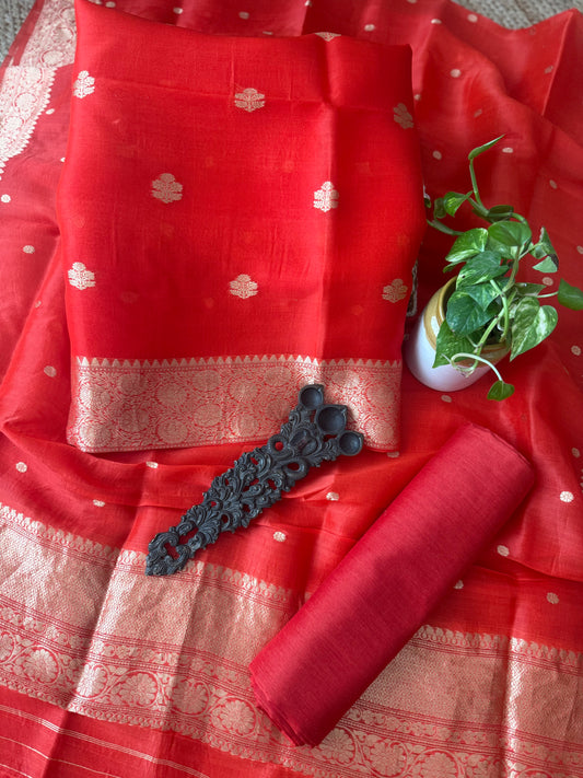 Red Orange Kora Silk Certified Handloom Banarsi Kadwa Booti Three Piece Suit