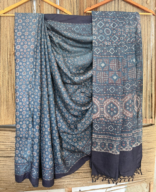 Navy blue ajrakh tussar handloom silk sari with border tas 2