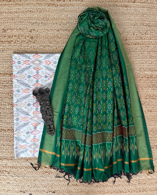 White multi ikkat pure silk cotton hanwoven kurta with ikkat pure silk patola handwoven dupatta
