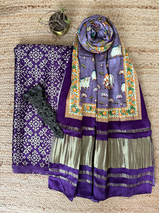 Purple mashru silk kurta with patola handcrafted modal silk dupatta ps-61