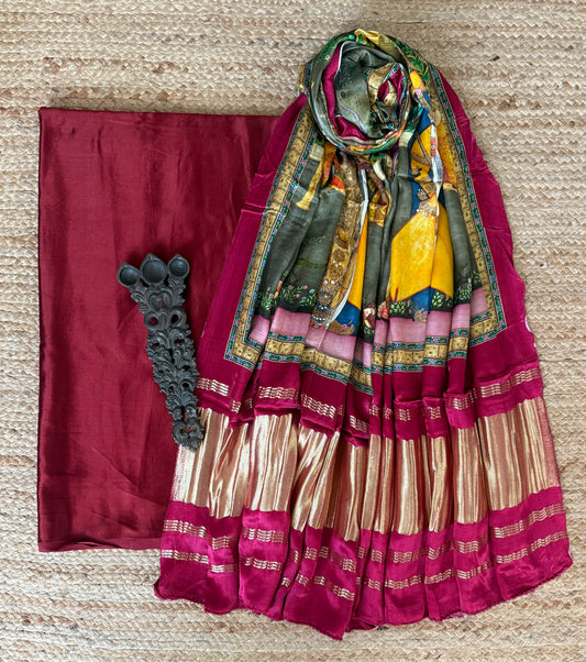 Mustard zigzag mashru silk kurta with patola handcrafted modal silk dupatta ps-29